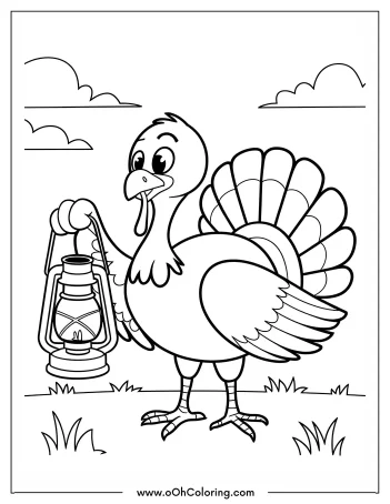 A turkey holding a lantern on a coloring page with clouds and grass.