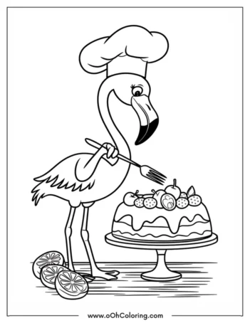 A coloring page featuring a chef flamingo with a cake on a stand
