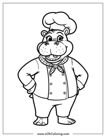 A coloring page of a hippopotamus wearing a chef's outfit