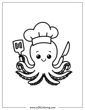 A coloring page of an octopus with a chef's hat, holding a spatula and knife