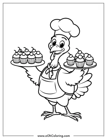 A turkey wearing a chef's hat and apron, holding trays of cupcakes.