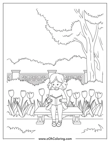 Coloring page of a child reading a book on a bench amidst a garden