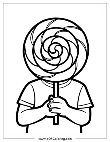 Coloring page of a child holding a big spiral lollipop