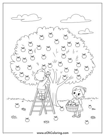Coloring page of two children picking apples from a tree