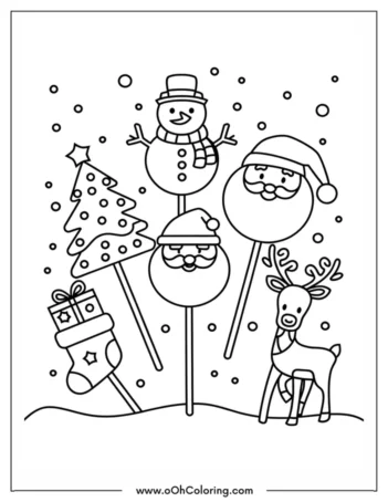 A coloring page of a snowman, Santa Claus, a Christmas tree, a stocking, a present, and a reindeer