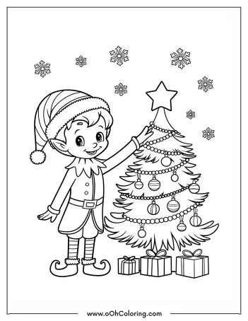A cheerful elf decorating a Christmas tree with a star, surrounded by presents and snowflakes.