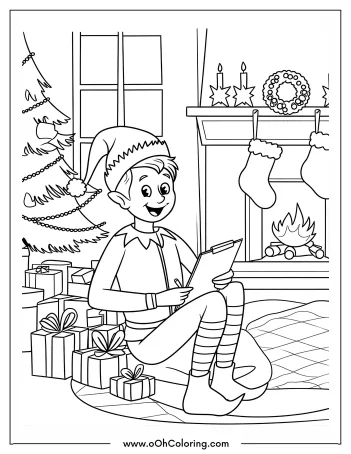 Christmas elf sitting by the fireplace with gifts and decorations.