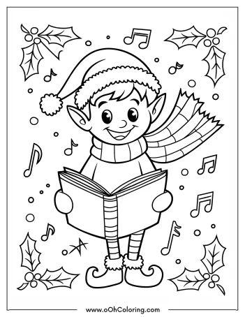 Cheerful Christmas elf singing, with musical notes and holly leaves.