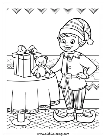 Christmas elf wearing a striped hat next to a gift and teddy bear on a table.
