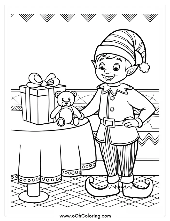 Christmas elf wearing a striped hat next to a gift and teddy bear on a table.