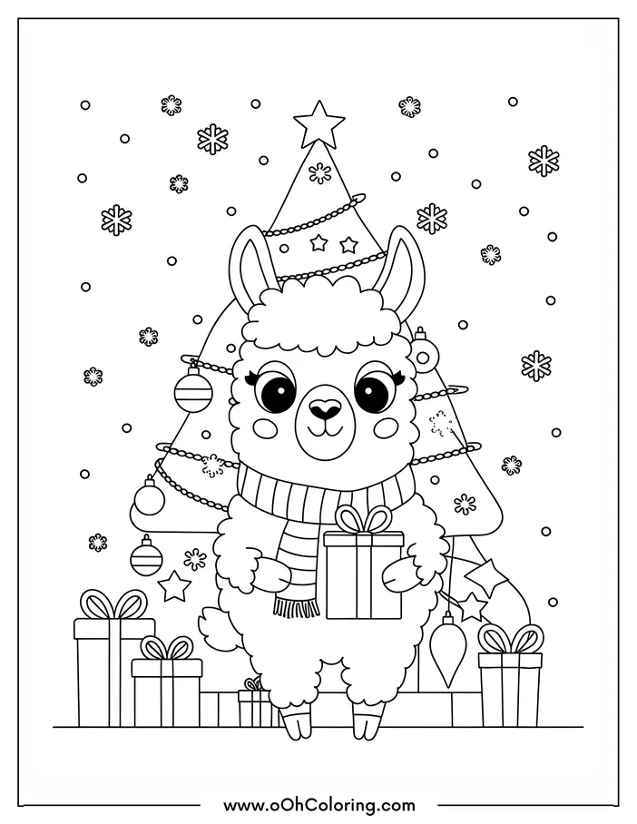 A coloring page of a llama holding a gift in front of a Christmas tree with ornaments