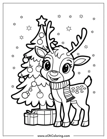 A reindeer with a scarf next to a Christmas tree and presents.