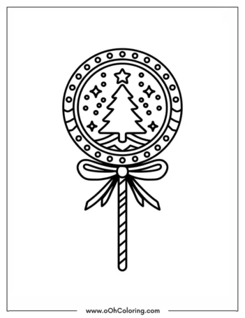 Coloring page of a circular lollipop with a Christmas tree and festive decorations