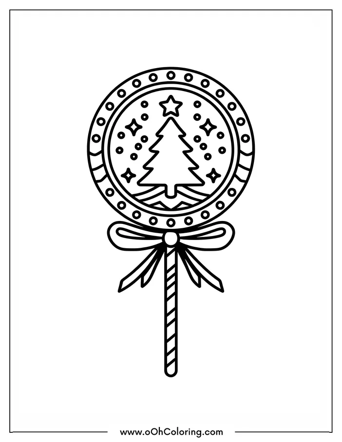 Coloring page of a circular lollipop with a Christmas tree and festive decorations