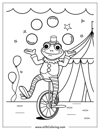 A coloring page of a circus frog juggling on a unicycle