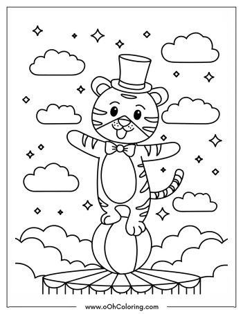 Cute tiger with top hat and bow tie balancing on a ball in a circus setting.
