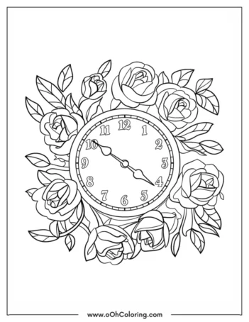 A coloring page of a clock surrounded by roses