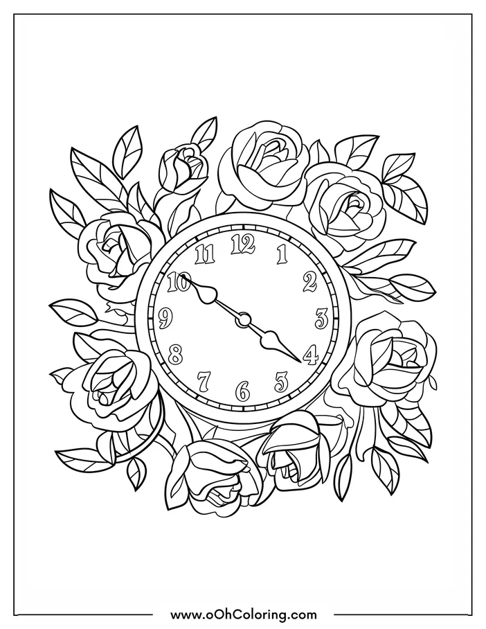 A coloring page of a clock surrounded by roses