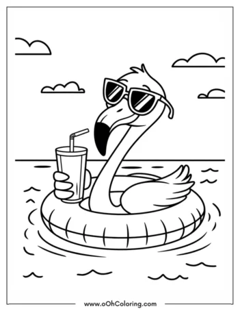 A coloring page of a flamingo with sunglasses on a float holding a drink