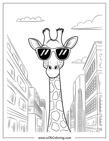 Coloring page of a giraffe wearing sunglasses with a drink nearby