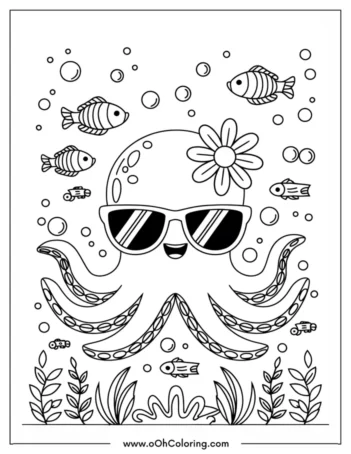 A coloring page of an octopus with sunglasses and fish around it