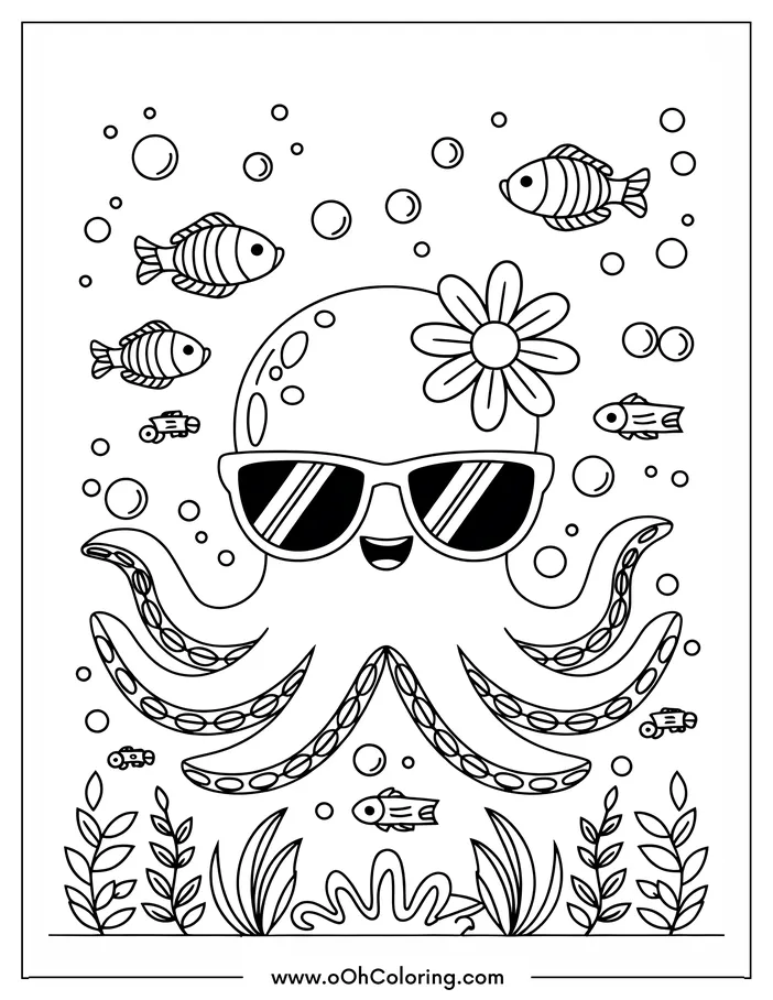 A coloring page of an octopus with sunglasses and fish around it