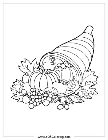 Coloring page of a cornucopia filled with fruits and vegetables