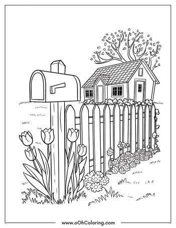 A coloring page of a country house with a wooden fence and a mailbox, surrounded by flowers.
