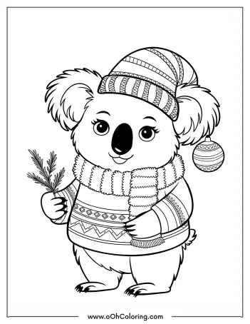 Koala wearing a hat and scarf holding a branch coloring page