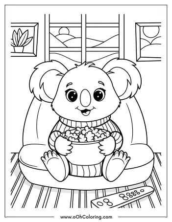 A coloring page featuring a koala holding a bowl of popcorn on a couch.