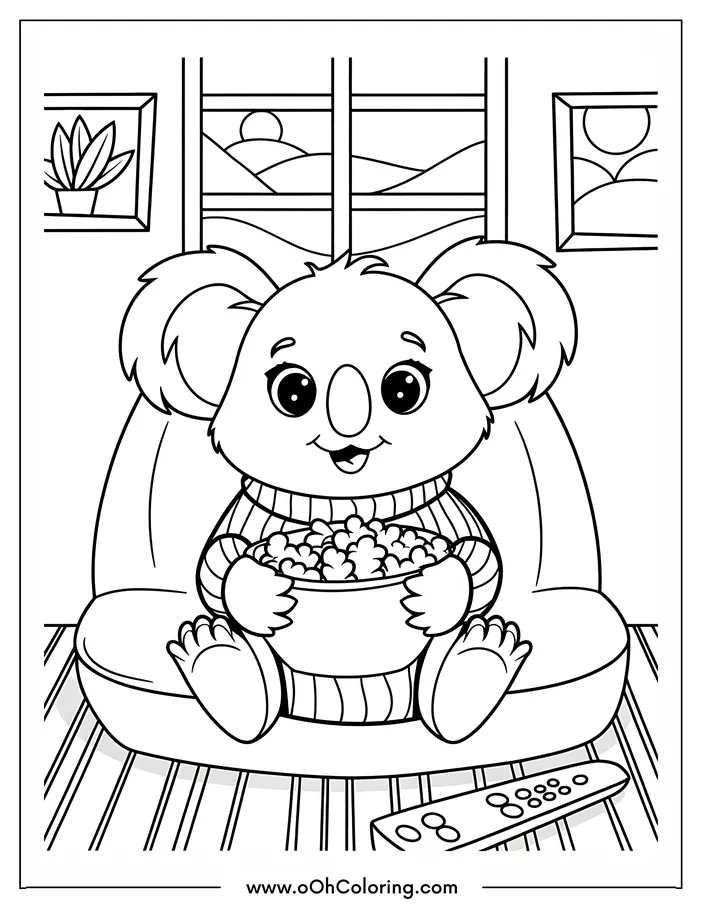A coloring page featuring a koala holding a bowl of popcorn on a couch.