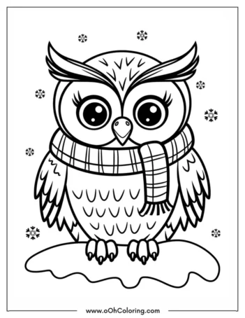 A coloring page of an owl with a scarf, standing on snow surrounded by snowflakes