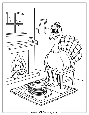 Turkey sitting on a chair by a fireplace with pancakes on a rug.