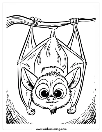 Coloring page of a cute bat hanging upside down with large eyes.