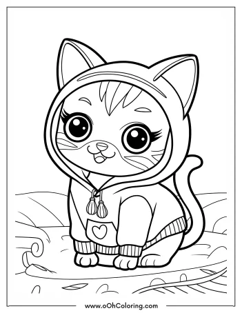 Coloring page of a cute cat wearing a hoodie with a heart design