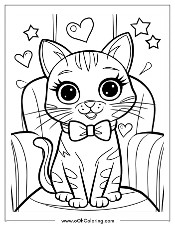 A coloring page of a cute cat wearing a bow tie and surrounded by hearts and stars