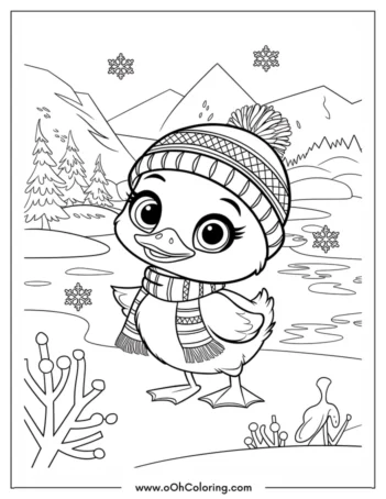 A coloring page of a smiling duck wearing a winter hat in a snowy landscape