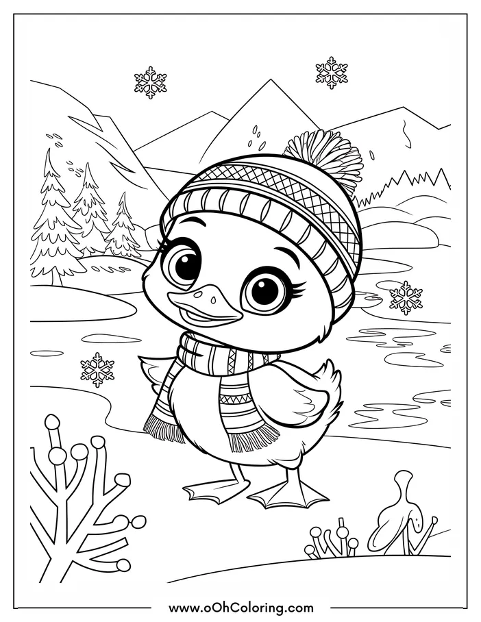 A coloring page of a smiling duck wearing a winter hat in a snowy landscape