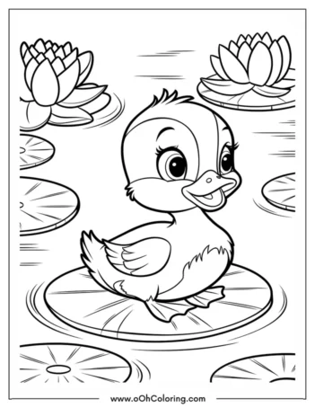 A coloring page of a smiling duckling on a lily pad with water lilies around