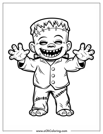 Cute Frankenstein with a big smile and outstretched arms, wearing a patched suit.