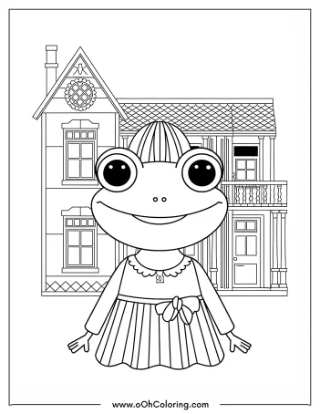 Coloring page of a cute frog wearing a dress in front of a house