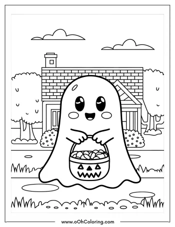 Cute ghost holding a candy basket in front of a house, ready for Halloween.