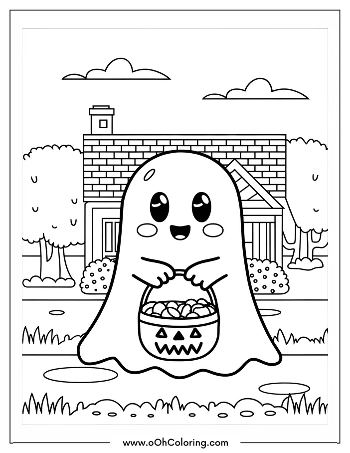 Cute ghost holding a candy basket in front of a house, ready for Halloween.