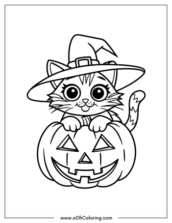 A cat with a witch's hat peeking out of a carved pumpkin coloring page.