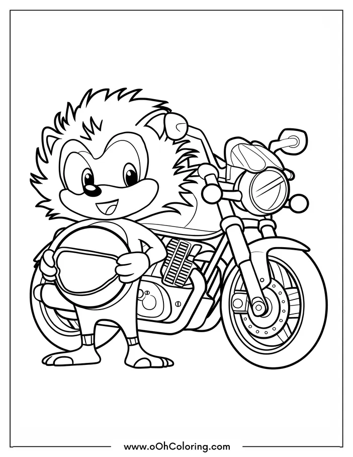 A coloring page of a hedgehog standing in front of a motorcycle