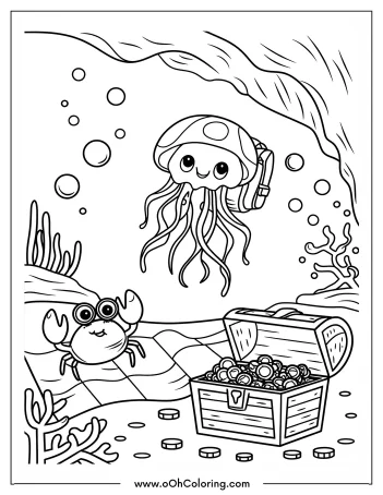 Coloring page of a jellyfish, crab, and treasure chest underwater.