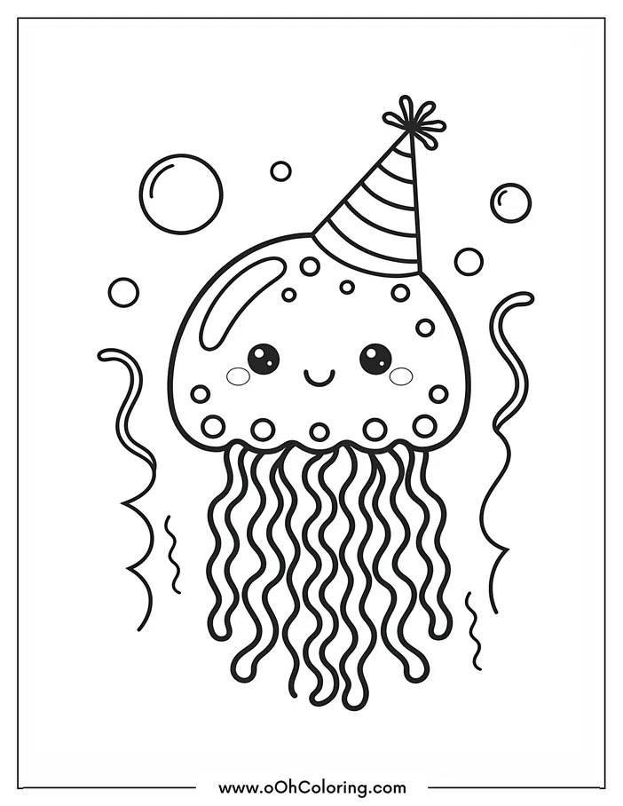 A coloring page of a happy jellyfish wearing a party hat with bubbles around