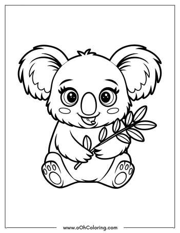 Coloring page of a cute koala sitting on a tree stump in a forest.
