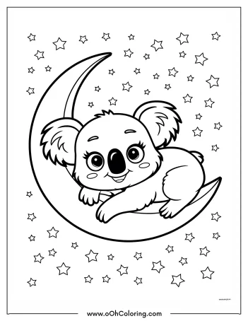 Coloring page of a cute koala sitting on a crescent moon with stars around.