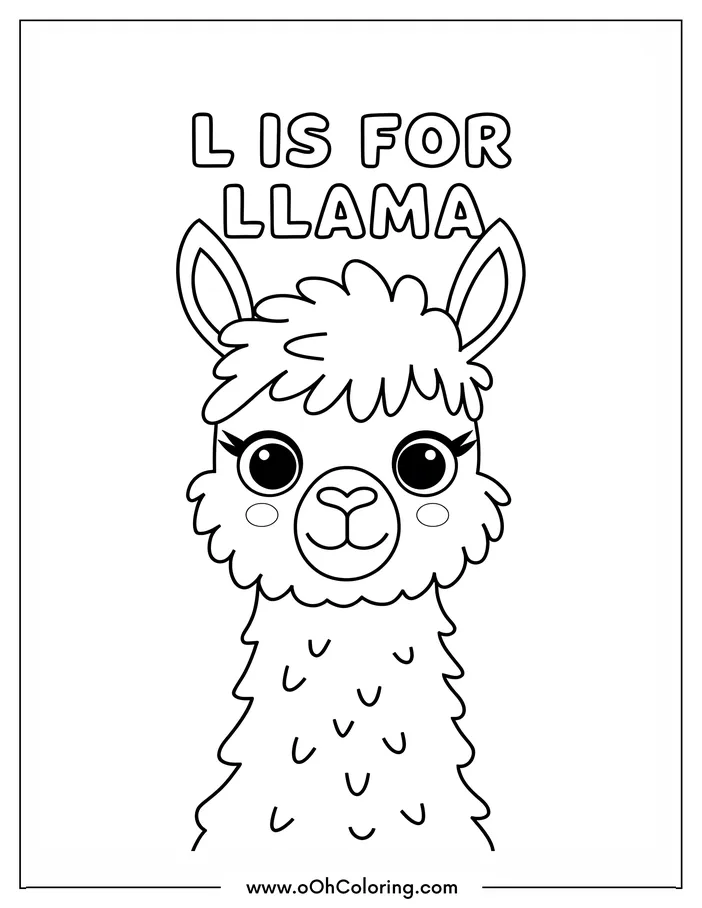 A coloring page of a cute llama with 'L is for Llama' text